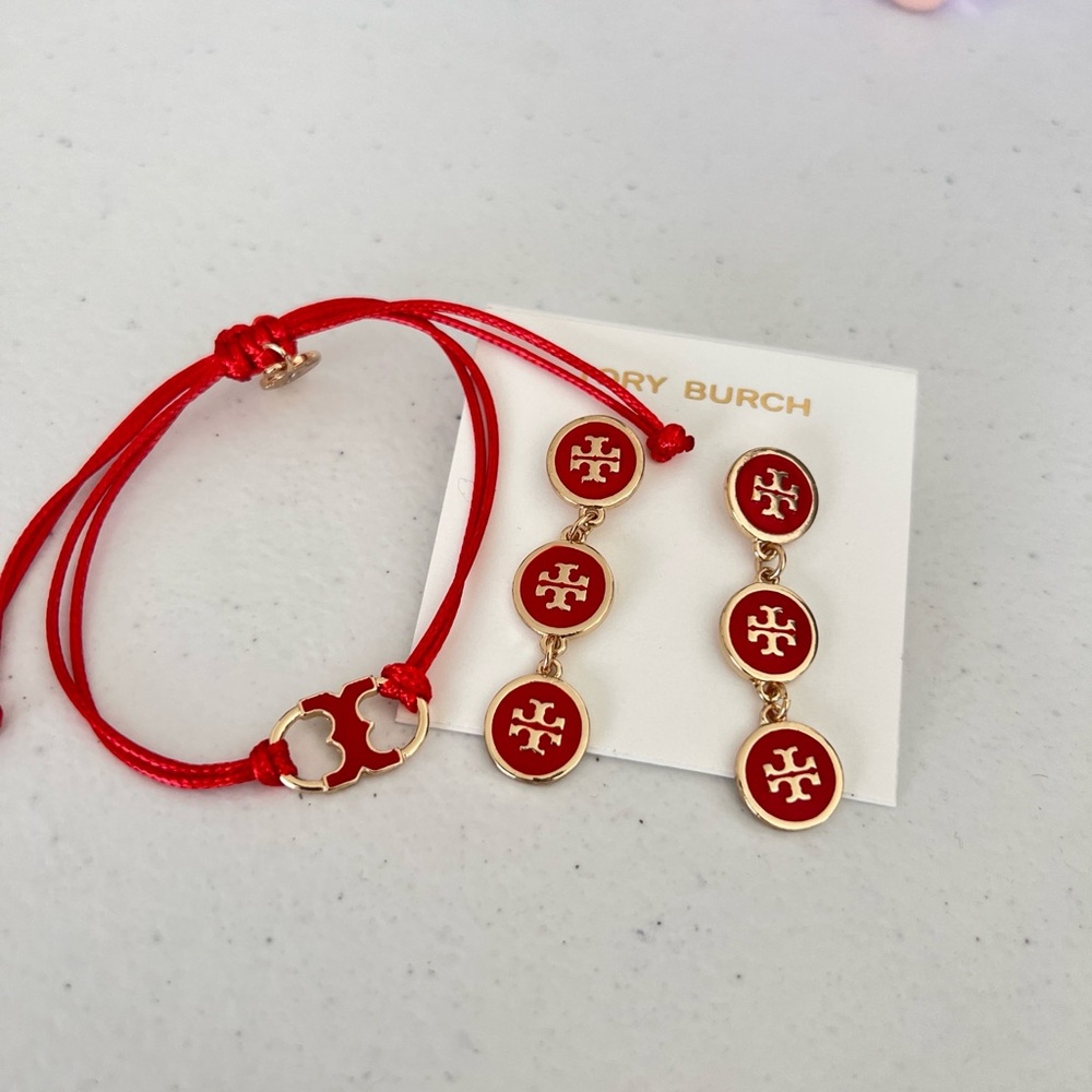 Tory Burch Gold-Tone Red Enamel Triple Drop Logo Earrings - Picture 9 of 13